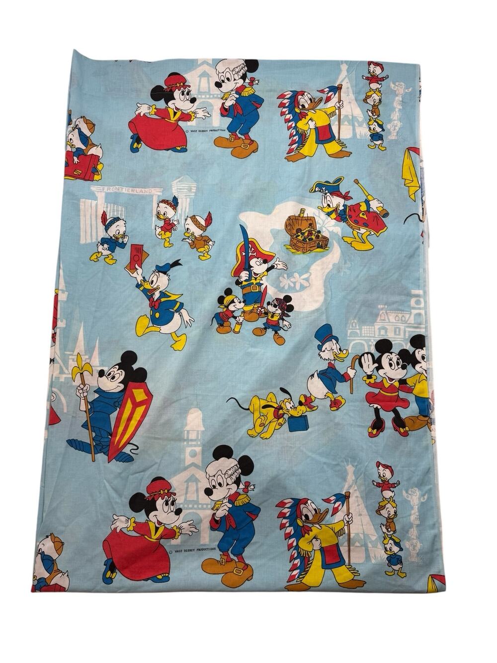 Vintage WALT DISNEY PRODUCTIONS Mickey Mouse Friends Twin Flat Sheet Blue Travel